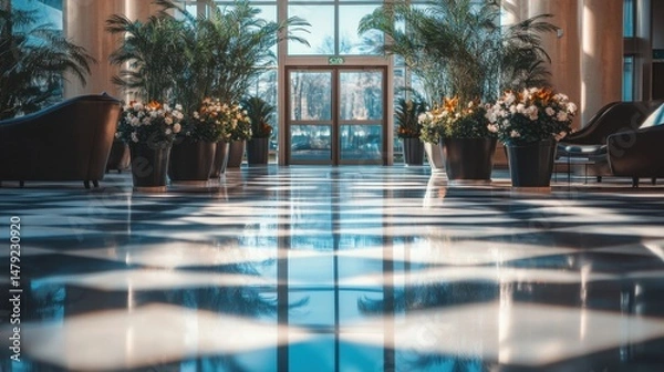 Fototapeta Elegant hotel entrance with fresh floral arrangements, modern lounge chairs, and natural light