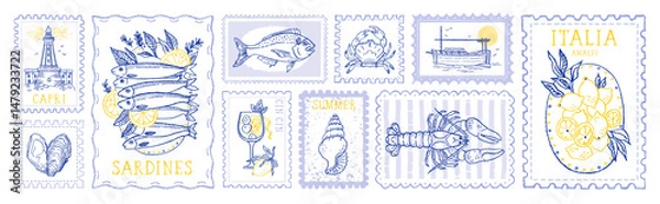 Fototapeta Summer stamp from Italy. Lemon vintage postcard. Summer illustration, vector design with Italian Amalfi beach. Post stamp pattern. Retro Italy vacation, sea travel. Lemon, lobster, lighthouse frame bg