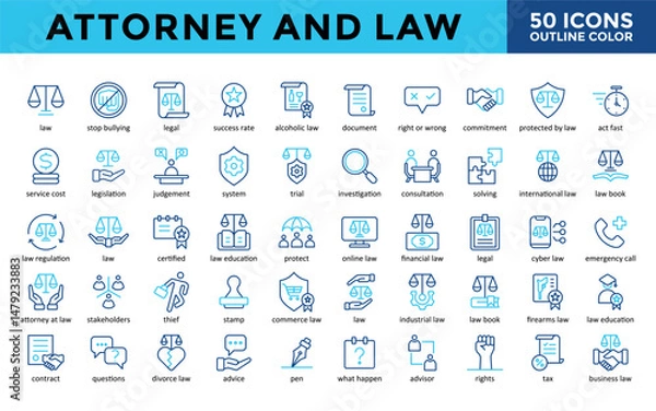 Obraz Attorney and Law icons set with law, stop bullying, egal, success rate, alcoholic law, document, right or wrong, commitment, protected by law, act fast icon. Simple outline color vector 
