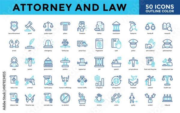 Obraz Attorney and Law icons set with law enforcement, gavel, justice scale, pillars, freedom, stamp, courtroom, footprint, handcuff, research icon. Simple outline color vector 
