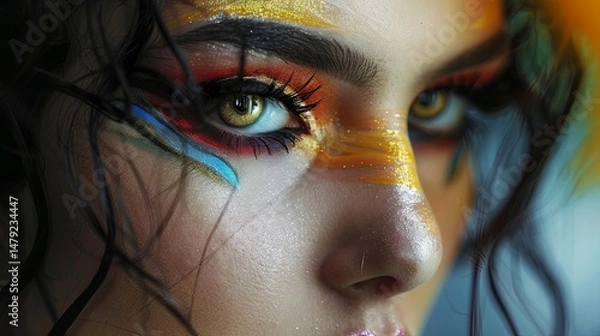 Fototapeta Macro portrait of a woman with artistic bright makeup with shimmer. Selective focus. Concept for a professional portfolio, art project, show, party or a way of self-expression.