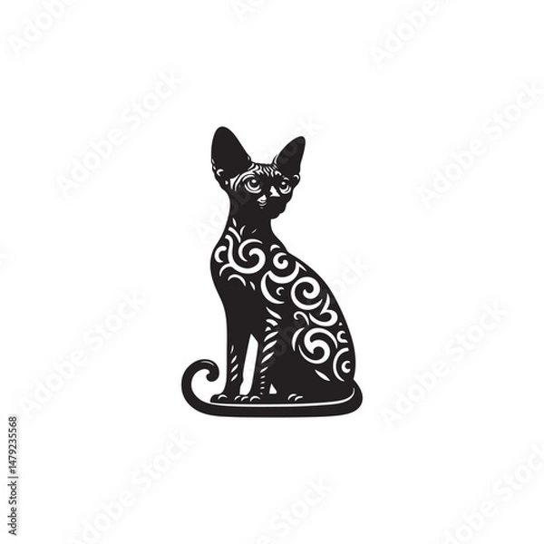 Fototapeta Devon Rex Cat Vector Silhouette: Distinctive Big-Eared Feline with Curly Fur, Slender Body, and Playful Expression Captured in a Clean, Modern, and Minimalist Silhouette Art Style.
