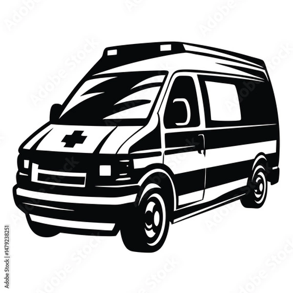 Obraz Stylized Black and White Ambulance Van Illustration in Vector Format