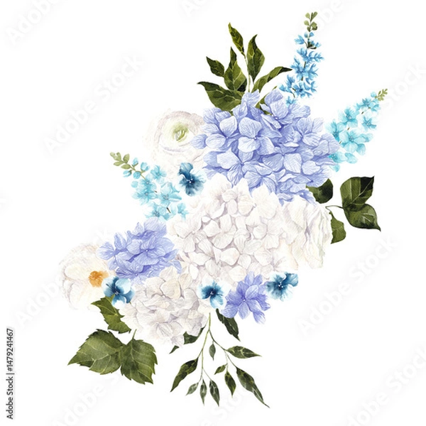 Obraz Watercolor bouquet with hand draw blue and white hydrangea, wildflowers, herbs and leaves, for wedding invitation in Chinese style, isolated on white background