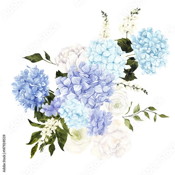 Obraz Watercolor bouquet with hand draw blue and white hydrangea, wildflowers, herbs and leaves, for wedding invitation in Chinese style, isolated on white background