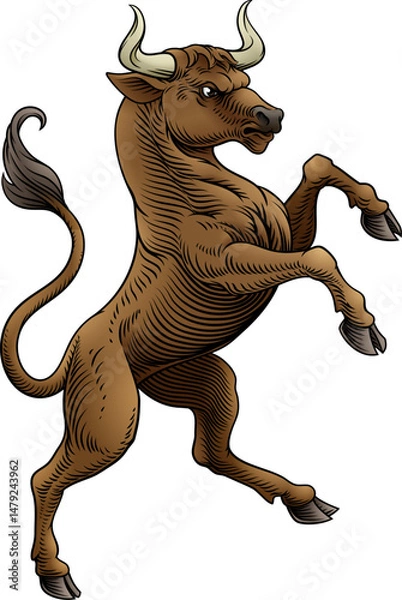 Fototapeta A bull in a heraldry coat of arms crest heraldic style rearing, standing rampant on its hind legs.