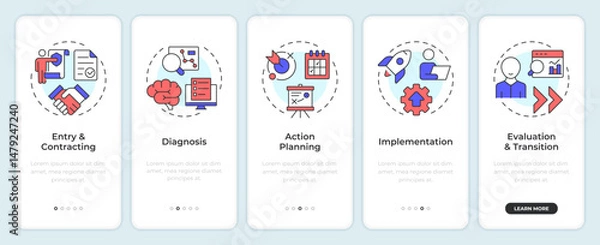 Obraz Consulting process stages onboarding mobile app screen. Walkthrough 5 steps editable graphic instructions with linear concepts. UI, UX, GUI. Montserrat SemiBold, Regular fonts used