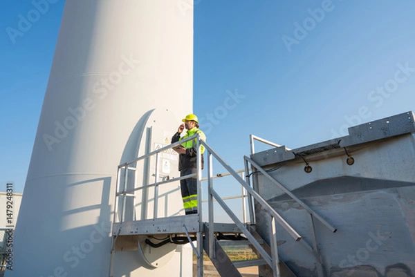 Fototapeta Engineer wearing uniform inspection and survey work in wind turbine farms rotation to generate electricity energy. Maintenance engineer working in wind turbine farm at sunset.