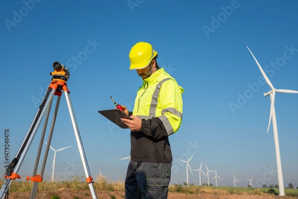 Fototapeta Engineer wearing uniform inspection and survey work in wind turbine farms rotation to generate electricity energy. Maintenance engineer working in wind turbine farm.