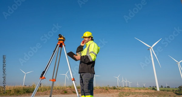 Fototapeta Engineer wearing uniform inspection and survey work in wind turbine farms rotation to generate electricity energy. Maintenance engineer working in wind turbine farm.