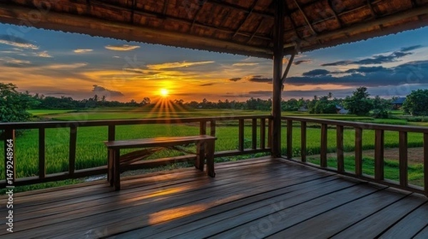 Obraz Scenic rice field view from eco-luxury resort villa balcony at dawn