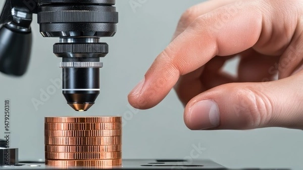 Fototapeta Coin being examined beside microscope held by a synthetic anatomical hand