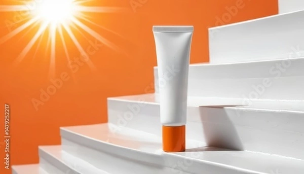 Fototapeta A bright sunlight background highlighting a skincare or sunscreen tube, emphasizing protection and skincare routines beneficial for health, beauty, and wellness products.