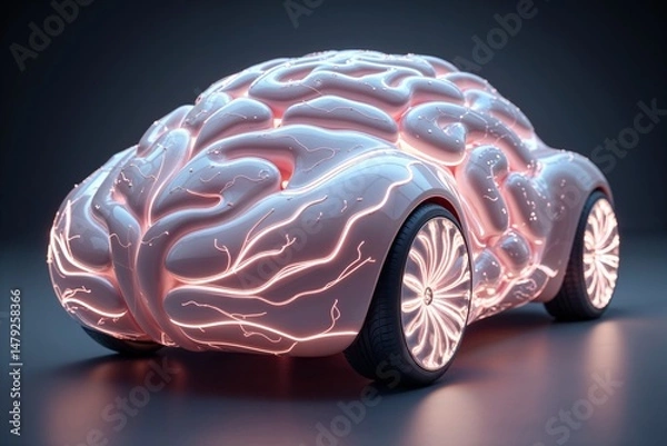 Fototapeta Brain Car with Glowing Neural Network Design