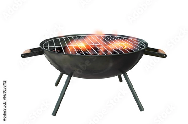 Fototapeta charcoal barbecue grill with open flame, isolated on white, 3D illustration