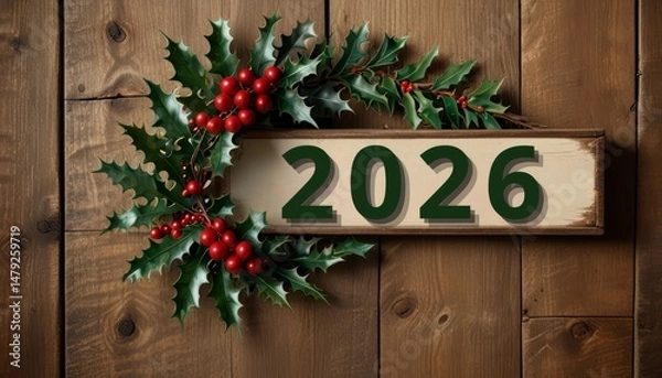 Fototapeta A festive wooden sign displaying 2026 surrounded by holiday pine branches and red berries, perfect for New Year or Christmas celebrations.