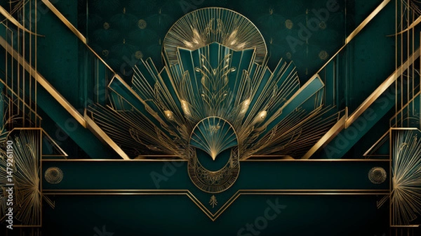 Fototapeta Art Deco vintage gold patterns over dark green, frames and design elements. Retro party geometric background set 1920s style. Vector illustration for glamour party