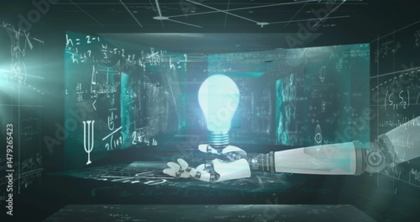 Fototapeta Extending sleek robotic arm holding glowing light bulb in future lab, with holographic screens