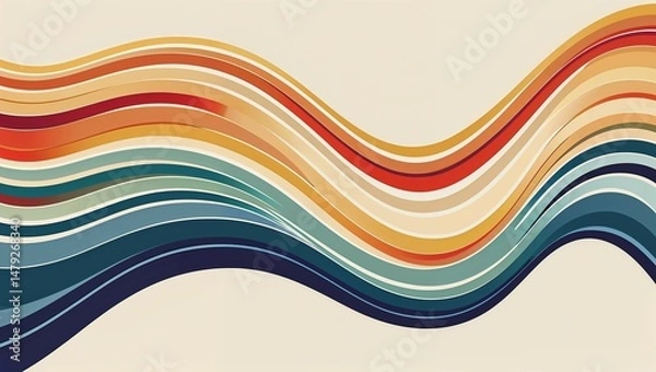 Fototapeta Retro stripes, 70s wavy lines, vintage color palette, minimalist design, flowing ribbon lines, abstract curved paths, warm tones, cream background ,swirl