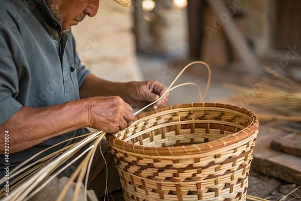 Obraz Elderly artisan handcrafting a woven basket using natural materials in a traditional workshop