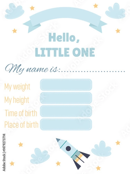 Fototapeta Metric for a newborn boy with name, weight, height and date of birth with clouds, stars