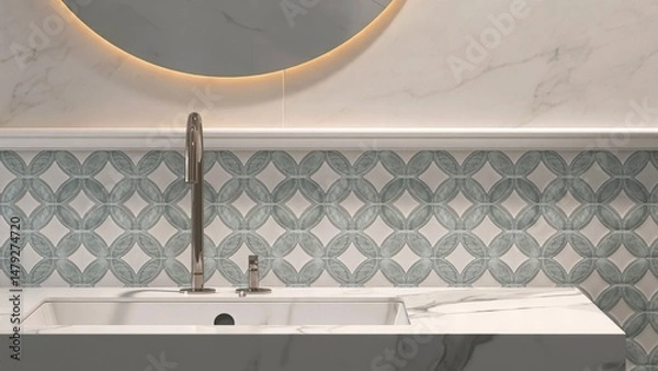 Obraz White rectangle undermount washbasin, chrome faucet on marble vanity counter in bathroom with LED light mirror on blue tile wall for modern, luxury beauty, cosmetic, skincare, body care background 3D