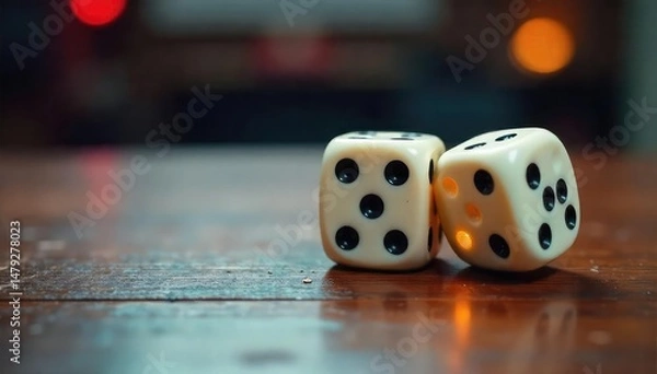 Fototapeta Close-up of a pair of dice rolling across a wooden table , cubes, play, wager
