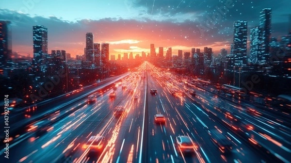 Obraz A cyberpunk city with flying cars leaving holographic trails in the sky