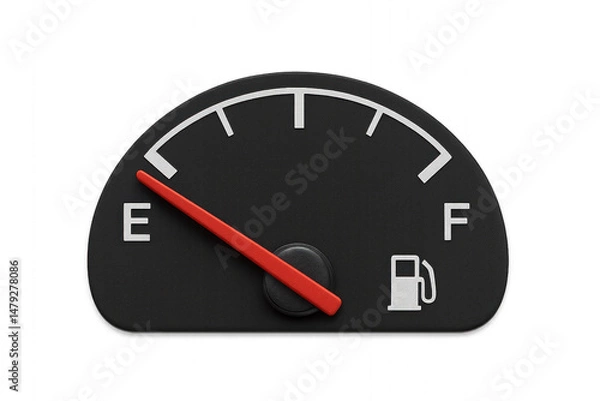 Fototapeta Fuel gauge with needle pointing close to empty ("E"), symbolizing low fuel, energy depletion, urgent need to refuel, and cautionary automotive warning.