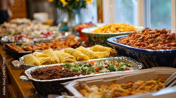 Fototapeta A table full of food with a variety of dishes including a tray of nachos