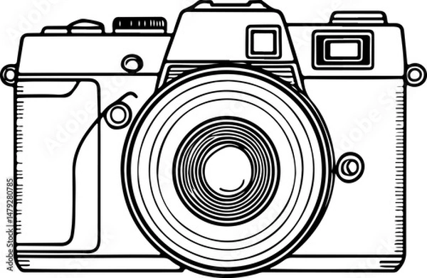 Fototapeta A detailed black and white line drawing of a classic single-lens reflex (SLR) camera with its lens, viewfinder, and various controls clearly outlined.