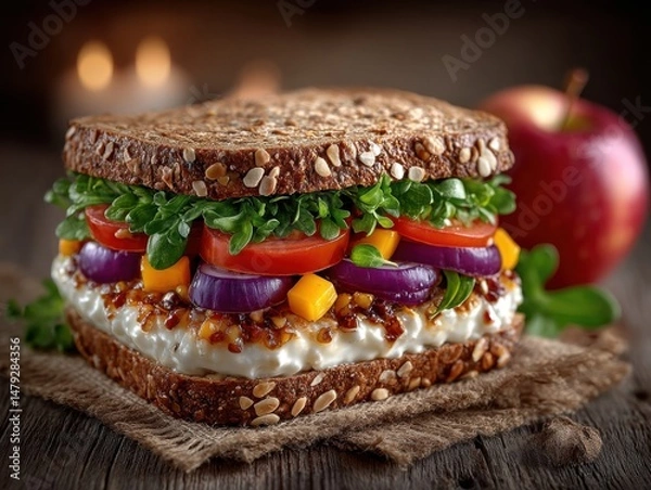 Obraz A hearty whole grain sandwich stuffed with fresh vegetables, creamy filling, and served with a red apple in a rustic setting.