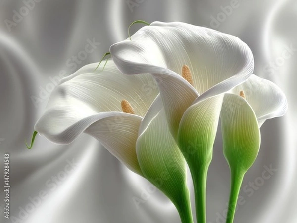 Obraz Elegant white calla lilies with green stems against a soft, flowing white fabric background.