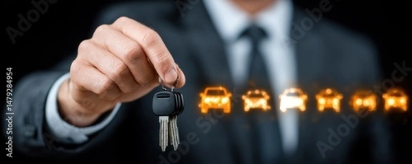 Obraz A man in a suit holds car keys with illuminated car icons in the background, symbolizing car sales, rental, or leasing.