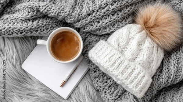 Obraz Cozy winter scene with a knitted hat, hot coffee, and a notepad resting on soft, textured blankets.