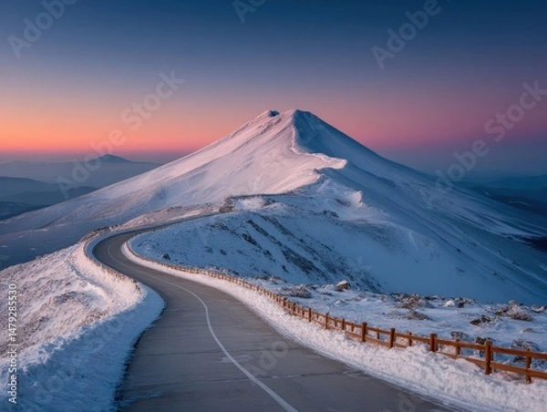 Obraz A winding road leads towards a snow-covered mountain under a colorful sunset sky.