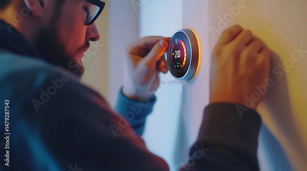 Fototapeta Man Installing a Smart Thermostat on Wall