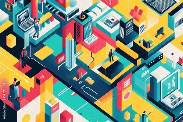Fototapeta A vibrant isometric depiction of a bustling tech hub