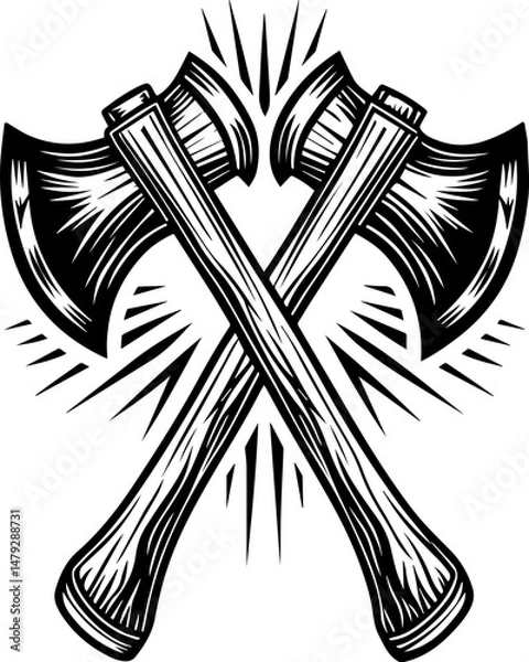 Fototapeta SVG vector of a skull with undersea bone armada theme. Crossed Axes with Sharp Blades and Wood Handles Design