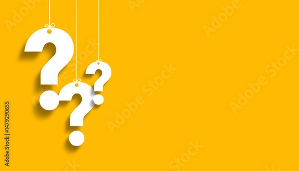 Fototapeta White question marks suspended by ropes on yellow background