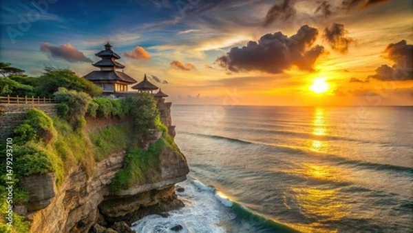 Fototapeta Sunsets over the Indian Ocean with Balinese Hindu temple in background, temples, uluwatu temple