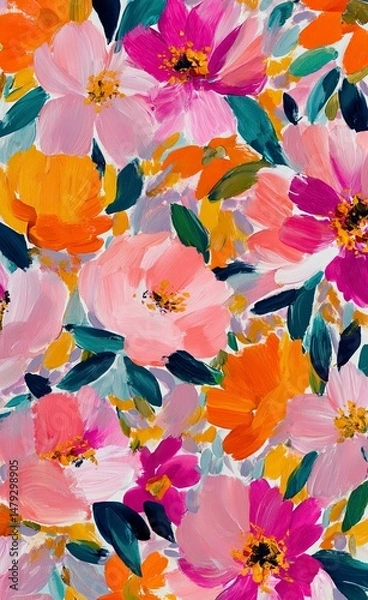 Obraz Pink peonies, orange camellias, green leaves flowers