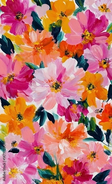 Obraz Pink peonies, orange camellias, green leaves flowers