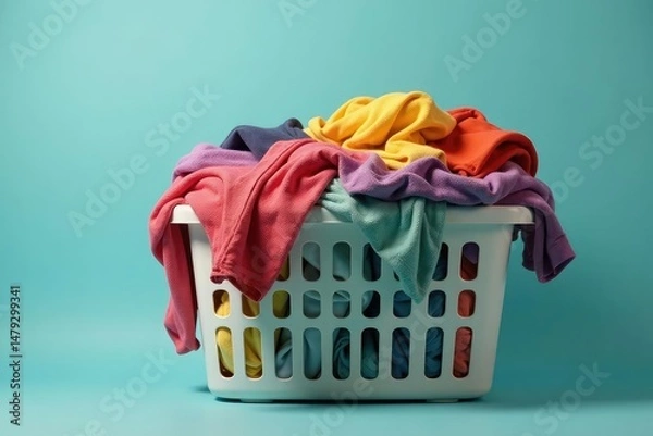 Obraz Overfilled laundry basket overflowing with clothes, home, white