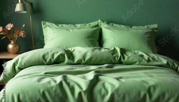 Obraz Soft moss green duvet cover, plush pillows, subtle pattern, pattern, texture, interior