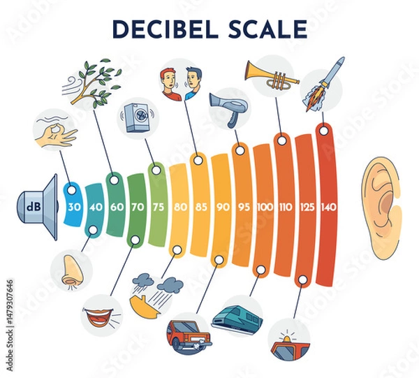 Fototapeta An illustration of the decibel scale, showing various sound levels for reference