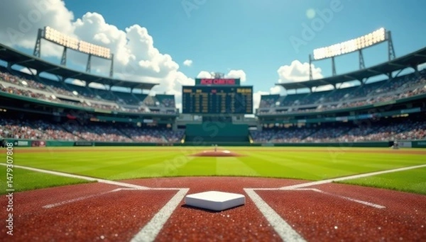 Obraz Baseball field with bases and scoreboard in background, panorama, day, baseball