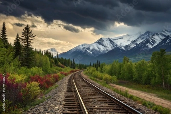Obraz Scenic railway tracks winding through a lush landscape with snow capped mountain peaks