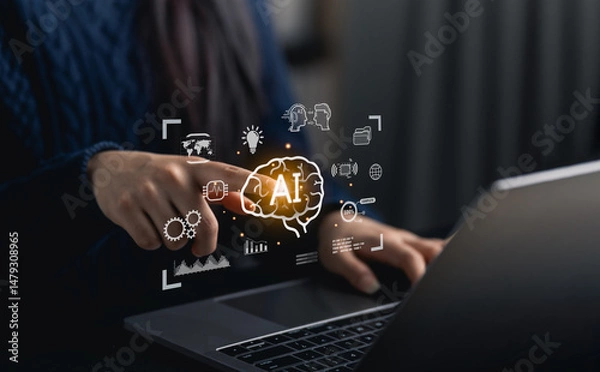 Fototapeta Close-up woman hand point finger interacting with laptop showcasing digital icons representing artificial intelligence and technology concepts in a modern workspace environment