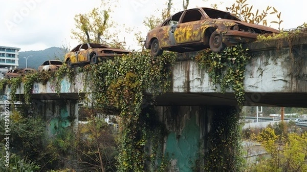 Fototapeta An eerie scene captures a line of abandoned and dilapidated cars, consumed by nature's relentless embrace, transforming into a poignant symbol of decay and reclamation.